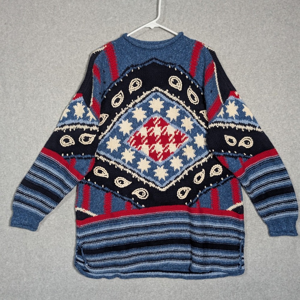 Harolds Hand Knitted Cotton Blue Geometric Paisley Sweater Size Large Nordic